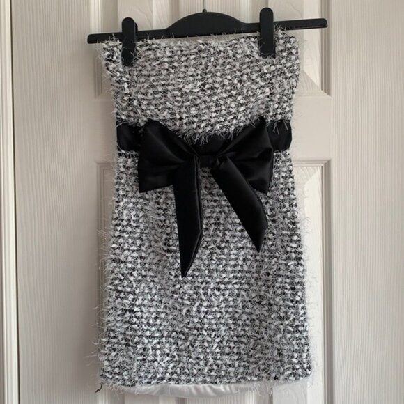 Black bow strapless mini dress bodycon sz 0 zipper - Picture 1 of 4